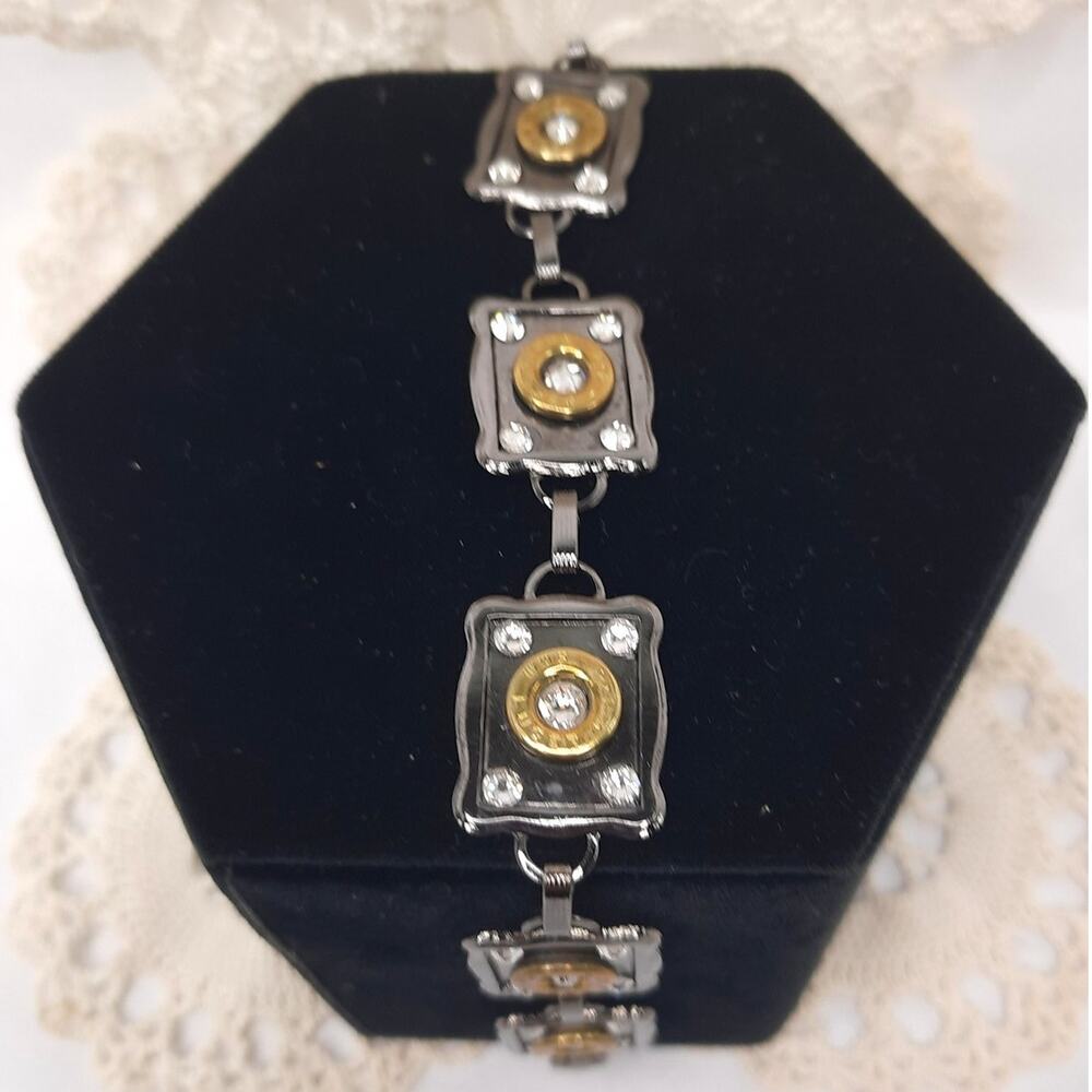 Pretty Hunter Bullet Link Bracelet Gunmetal Gray Crystal 9mm Luger Goth Punk
